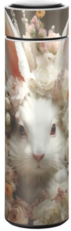 LINNIKEEEE Lapin Fleur Pelucheux Blanc Bouteille D'Eau Isotherme - Acier Inoxydable,Étanche Flacon Isolé Sous Vide,Thermos Anti-Fuite pour Garçons Filles
