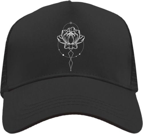 Functon+ Trucker-Kappe mit geometrischem Seerosen-Design, Netzrücken, verstellbar, Snapback-Hut, Schwarz, Schwarz , Einheitsgröße