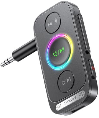 Syncwire Bluetooth 5.4 Aux Adapter for Car, Bluetooth 3.5mm Aux Receiver Wireless Audio Receiver for Home Stereo, Wired Headphone, Hands-Free Call, 22H Battery, Deep Bass, Colorful Light, Black