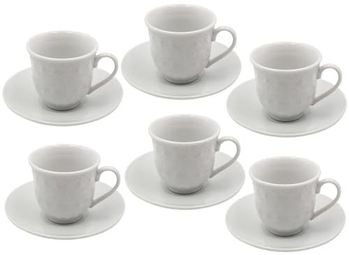 PALUPLUS Set 6 Tazzine Caffè con Piattino in Porcellana da 80 ml, Tazze da Espresso Bianche con decoro e manico, Lavabili in Lavastoviglie, adatte per Microonde -670F