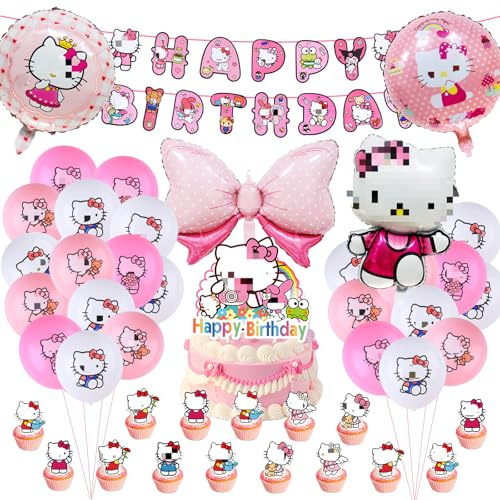 48 PCS Cartoon Luftballons Set Geburtstags Deko, Kindergeburtstag Dekoration Luftballons Set mit Happy Birthday Banner Cake Topper Geburtstags Party Dekorationen für Kinder Mädchen
