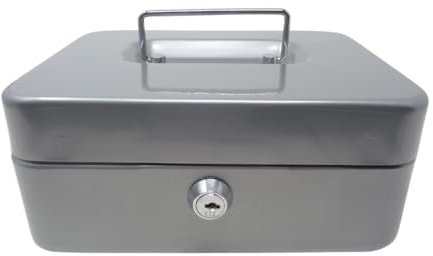 Cassetta portavalori in metallo robusto, argento, 200 x 160 x 90 mm, richiudibile con chiave, scomparto portamonete rimovibile, luogo sicuro per contanti, monete, gioielli e oggetti di valore