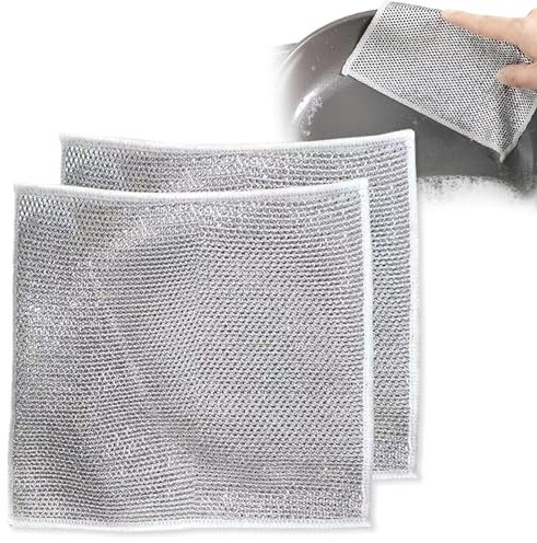 Ancientflow Double brosse à récurer en acier inoxydable multifonction anti-rayures, chiffon de nettoyage humide et sec, rinçage facile (argenté, 15 x 15, 20 x 20 cm)