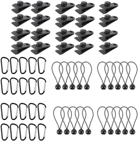 VIDETOL 60 Stück Tarp Clips Set, 20 Planenclips + 20 Spanngummis+ 20 Nylon Zelt Bungees Schnüre, Schwarz Planenbefestigung, Zeltplane Clips für Boots, Markisen, Camping Im Freien, Wohnwagen