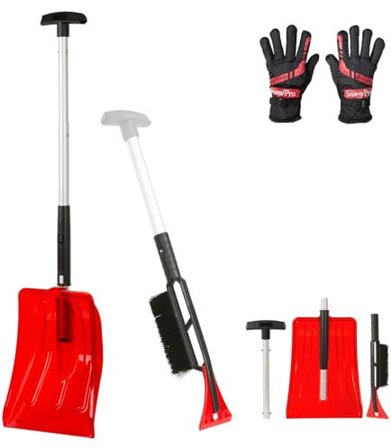 SnowPro 3-in-1 Pala da neve per auto, design pieghevole e telescopico veloce per la rimozione della neve di emergenza - Pala da neve compatta con guanti, spazzola da neve e raschietto per ghiaccio -