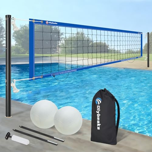 Olybeaka Inground Pool Volleyballnetz-Set mit max. 7,8 m verstellbarer Länge, 3 Höhen verstellbar, Outdoor-Volleyball-Set für Pool mit 2 Volleybällen und Tragetasche (blau)