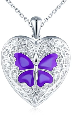 Herz Foto Kette Silber 925 mit Bild: Halskette Damen Schmetterling Medaillon zum Öffnen für Bilder-Tiere Anhänger Ketten Mode Amulett Schmuck-Personalisierte Geschenk für Frauen Mama Freundin Mädchen