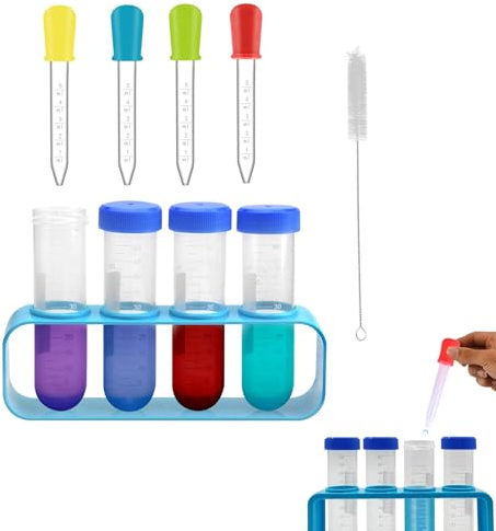 Yuqilin Pipetten Kinder,10 Stücks Reagenzgläser mit Ständer 5ml Pipetten Kunststoff,mit Reagenzglasständer und Reinigungsbürste,Labor Kinder Wissenschaftliches Experimentierset