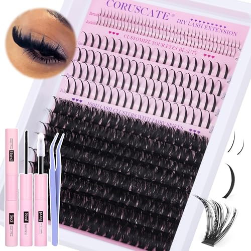 100D Cluster Lashes Kit with Bottom Lashes Spikes DIY Eyelashes Individual Kit Fairy Eyelash Clusters DIY Multi-type Lash Extension 5-20mm Lashes Individual Cluster Thick Lash CLusters Glue CORUSCATE