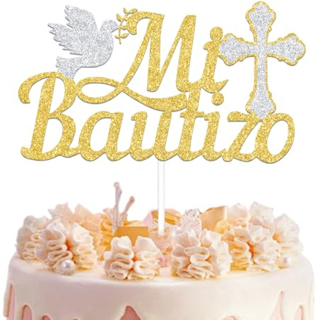 Mi Bautizo - Decoración para tarta con texto en inglés My Baptism Baby Shower, decoración de fiesta de cumpleaños, decoración de bautizo para niños y niñas, color dorado y plateado con purpurina