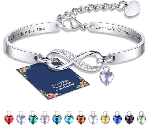 Personalisierte Unendlichkeitszeichen Armband mit Geburtsstein Damen – Silber Infinity Armreif Armbänder mit Gravur für Frauen Mädchen Tochter Freundin Geschenke für Geburtstage Valentinstag Jahrestag