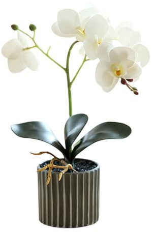 Orquídea artificial de 12,6 pulgadas de alto orquídea artificial realista en maceta tacto real bonsái decorativo flores falsas orquídeas flores artificiales para mesa decoración del hogar color blanco