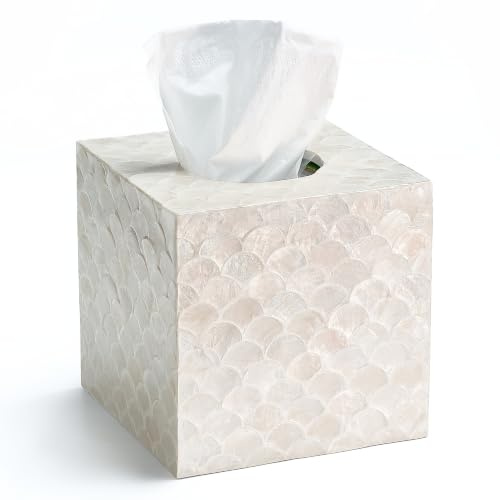 CHI AN HOME 5.8” Capiz Tissue Box Cover, Square Decorative Tissue Holder with Bottom Slider, Handmade Bathroom Accessories, Elegant White Cube for Vanity, Bedroom, Office & Coastal Décor (Natural)