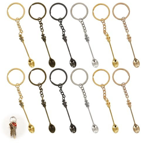 Mzario 12 PCS Mini Spoon Keychain, Mini Spoon Teaspoon with King Queen Crown Pendant Key Ring, Retro and Portable Tiny Spoons Charm for Powder for Spices Salts Sand(6 Color)