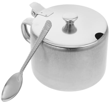 Tarro de Condimentos Redondo 1 Pieza de Acero Inoxidable con Tapa | Cuchara y Asa, Color Plata, para Cocina y Hogar, Diseño Práctico para Servir y Almacenar