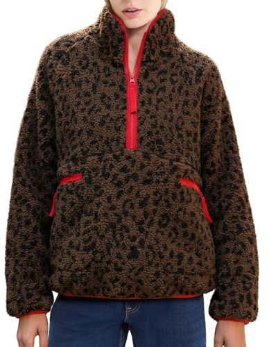 Ainangua Fuzzy Half Zip Fleece Jacket Women Long Sleeve Sherpa Pullover Sweatshirt Casual Warm Winter Chunky Teddy Outerwear(Leopard,S)