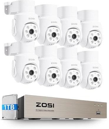 ZOSI Kit Cámaras de Vigilancia Cableado 8CH 5MP Grabador DVR 1TB Disco Duro y 4X 2MP CCTV Cámara Seguridad Exterior/Interior, 360° Pan y Tilt, Detección de Persona, Visión Nocturna