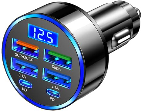 6-in-1 100W 6 Port USB-C Auto ladegerät, 4 USB 2PD-Zigarettenanzünder Adapter, 12V 24V Auto USB Ladegerät Adapter für Smartphone, Tablet (1 Stück)