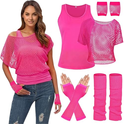 MUNSKT Damen Neon Outfit 80er 90er Jahre Fischnetz T-Shirt Ärmelloses Oberteil mit Handschuhe Beinstulpen Aerobic Kleidung Thema Party Zubehör Halloween Karneval Kostüm
