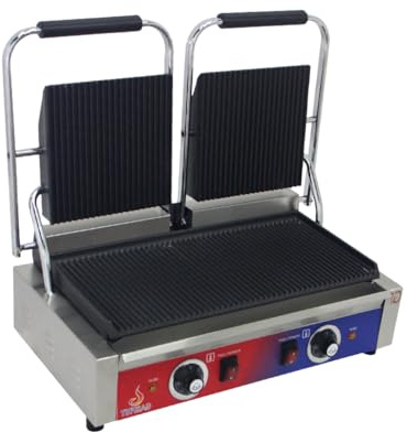 Gasfrit Parrilla de Contacto Profesional Eléctrica – Grill Plancha Hostelería con Placas Acanaladas de Hierro Fundido, Termostato E.G.O, Acero Inoxidable – Simple/Doble (Grill Doble)
