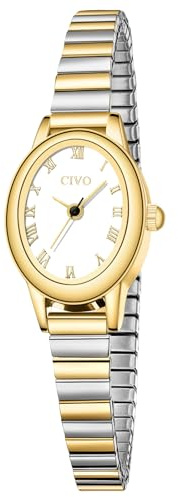 CIVO Vintage Armbanduhr Damen Kleine: Oval Gehäuse Römisches Zifferblatt Analoge mit Elastisches Armband - Zarte Gold Silber Damenuhr Geschenke zum Jahrestag Valentinstag