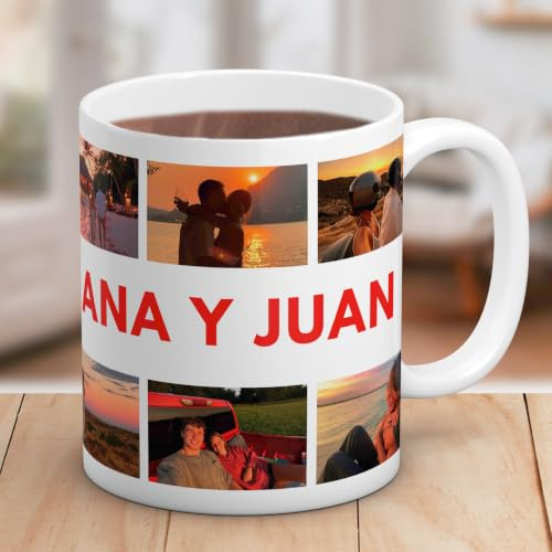 Cristal Plaque - Taza Cerámica Personalizada para Parejas | San Valentín con 6 Fotos y Mensaje | Taza con Nombres y Fotos | Regalo Original Romántico Aniversario Amor