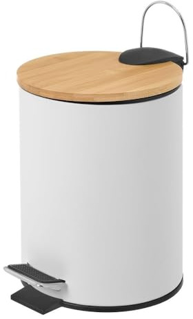 LOLAhome - Papelera Redonda de 5 litros de Pedal de Metal Blanco y Tapa de Bambú para Baño - Cubo Interior Extraíble y Acabado Mate Antihuellas