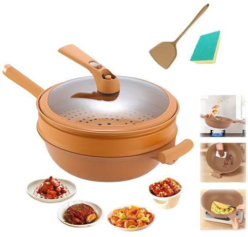 Wok in argilla antiaderente con cestello per cottura a vapore Pentola di argilla per cucinare padella profonda antiaderente con coperchio in vetro Padella multiuso Set di padelle antiaderenti Wok e