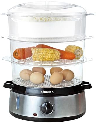 Schallen Premium Healthy Eating Electric Food Steamer Machine Large 9L Capacity 3 Tier Rice Meat Vegetable Food Steaming Cooker | Stainless Steel Silver & Black | 60 Minute Timer