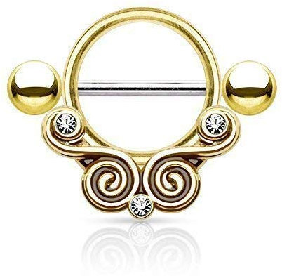 Tapsi´s Coolbodyart Nippelpiercing Chirurgenstahl Damen & Herren [Schnörkel Design/Swirls] 14mm | Brustwarzenpiercing | Nipple Piercing | Brustpiercing Frau | Nippelschmuck | CBAK15777_GDC