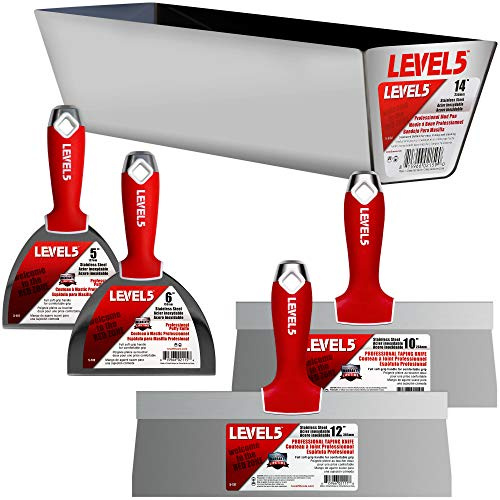 Trockenbau-Handwerkzeug-Set, Edelstahl - LEVEL5 | Fugen-/Tapiermesser + 35,6 cm Schlammpfanne | Soft-Grip-Griffe | Pro-Grade | 5-600 | Fugen-/Tapiermesser + 35,6 cm Schlammpfanne - Soft-Grip-Griffe - Pro-Grade - 5-600