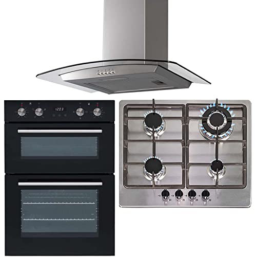 SIA 60cm Built-in Double Oven, Stainless Steel 4 Burner Gas Hob & Cooker Hood