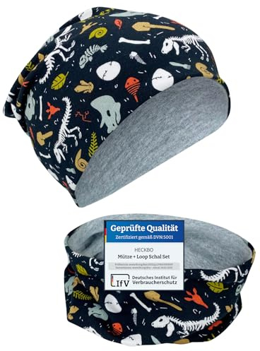 HECKBO Kinder Beanie & Loop Schal Set - mit Vlies oder Jersey - unisex Mädchen Jungen - 95% Baumwolle - Herbst Frühling Winter