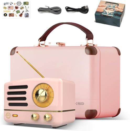 Muzen Altavoz Bluetooth portátil OTR Metal Retro, radio FM con antena AUX, 10 horas de reproducción, audio estéreo de alta fidelidad con maleta