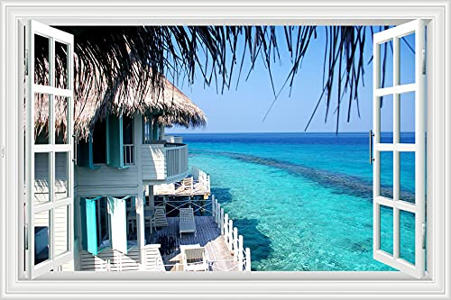 Lichi Autocollant mural 3D faux fenêtre Décal de paysage de plage d'océan avec vue sur l'arbre à noix de coco et la villa