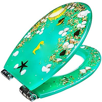 LYLFF Harz Toilettendeckel, Grüner 3D Echte Blume Muschel Sand Toilette Deckel, Mit Verstellbarem Rand Aus Edelstahl, Geeignet Für O/V/U Toilette