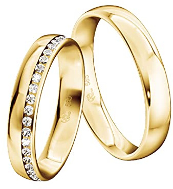 JC Trauringe Gold 585 Paarpreis Poliert I Traumhafte Eheringe 4,5 mm I Einzigartige Partnerringe Gelbgold mit Gravur in edler Schatulle I 2 Hochzeitsringe Herrenring & Damenring mit Steinen I ICT01