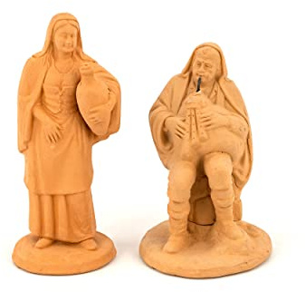 2 Personaggi Presepe, Statuina in terracotta zampognaro + donna con quartara, presepe in ceramica di Caltagirone fatto a mano