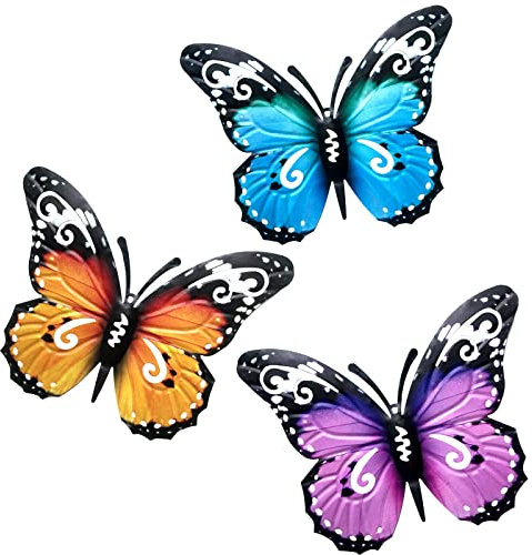 VEGCOO 3PCS Large Metal Butterfly Garden Decorations - Fence Outdoor Ornaments Wall Art for Sheds (Blue + Purple + Yellow)