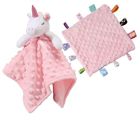 CREVENT Baby Schmusetuch,Plüsch Komfort Schnuffeltuch für Neugeborene,Weich & Waschbar Kuscheltuch Schlaftier für Babys und Kleinkinder,Spielzeug 0+ Monate (Rosa Einhorn + Etikett)