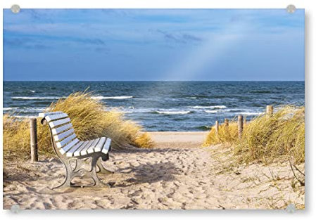 artboxONE Acrylglasbild 120x80 cm Natur Sitzbank am Meer Bild hinter Acrylglas - Bild ostsee düne dünengras