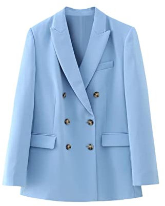Damen Zweireiher Langarm Blazer Gerades Bein Hose 2-teiliges Set Frühling Blau Arbeitsanzug, Blazer, X-Small