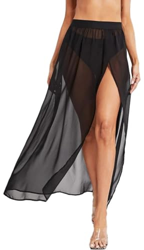 ORANDESIGNE Paréo Femme Plage Bohème Wrap de Plage Jupes Cache Maillot Bikini Écharpe Maillot de Bain en Mousseline, Couverture de Bikini Jupes Wrap Ouverture Latérale Jupes H Noir M