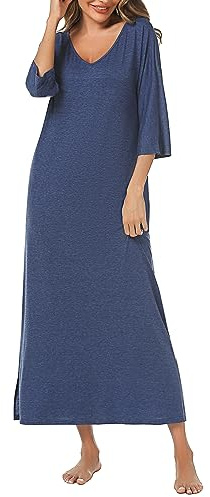 Uniexcosm Long Nightdress for Women Nightgowns 3/4 Sleeve Cotton Nighties Baggy Ladies Nightshirts with Pockets Plus Size Sleep Dress Nightwear Loungewear Sleepwear S-XXL Blue