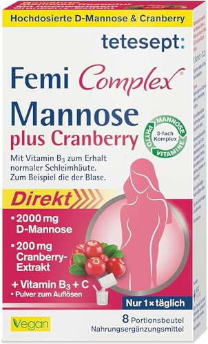 tetesept Femi Complex® Mannose plus Cranberry - 1 x 8 Portionsbeutel - Zum Erhalt normaler Schleimhäute dank Vitamin B3 – Pulver mit 2000 mg D Mannose