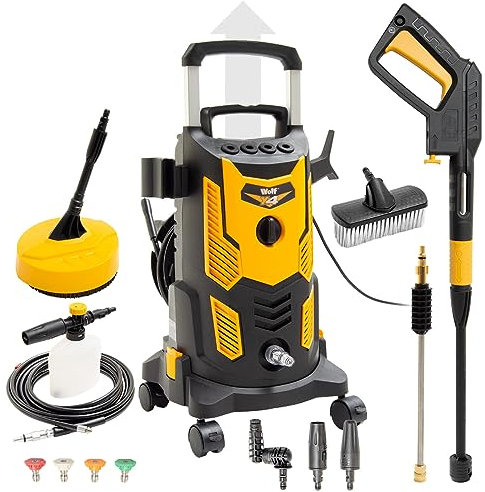 Electric Pressure Washer 165 BAR 2393psi 'Wolf X4 Blaster' 2000w Flow Rate 360l/h Jet Wash Sprayer with Accessories Nozzles Brush Detergent Bottle Patio Drain Cleaner 8m Hose - 2 Years Warranty
