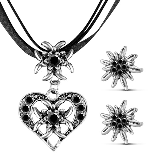 Patelai 3 Pcs Set de Bijoux d'Edelweiss Fantaisie Bijoux de Dirndl Bavarois Collier d’Edelweiss Strass avec Pendentif Cœur Boucles d'Oreilles d'Edelweiss pour Costume Traditionnel Fête Bière (Noir)