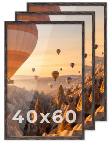 PHOTOLINI Bilderrahmen 40x60 Eiche dunkle 3er Set Holz MDF, Bilderrahmen 60x40, picture frame 40x60 mit bruchsicherem Acrylglas zum Aufhängen, Rahmen 60x40 mit extra Zubehör - für Fotos & Poster