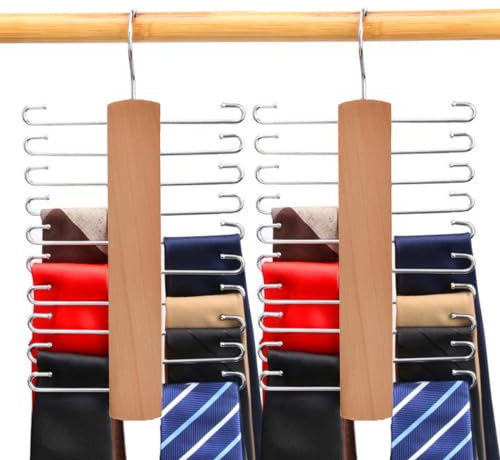 LMSAWK Wooden Tie Rack, Tie Belt Hanger for Men Closet, Non-Slip Tie Organizer with 20 Storage Capacity, 360 Degree Swivel Space Saving Tie Holder, 2 Pieces, Wood Color