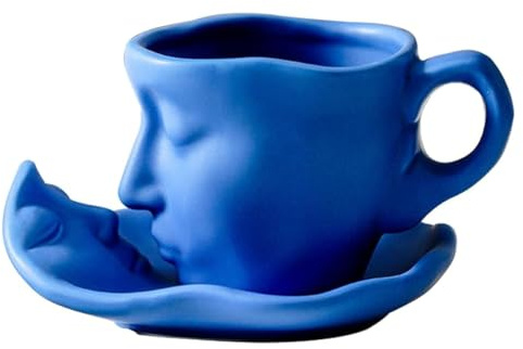 soulnioi Ceramic Tea Cup and Saucer Set Human Face Kissing Couple Coffee Mug Teacup (260ml), Creative Gift for Friends/Family (Blue)